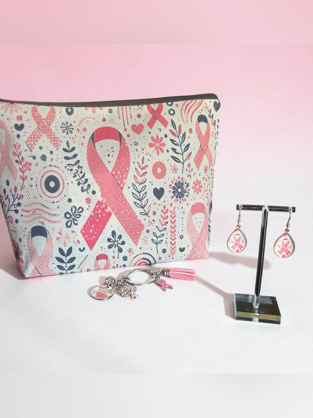 Pink Ribbon Breast Cancer Awareness Cosmetic Pouch with Earrings & Key Chain